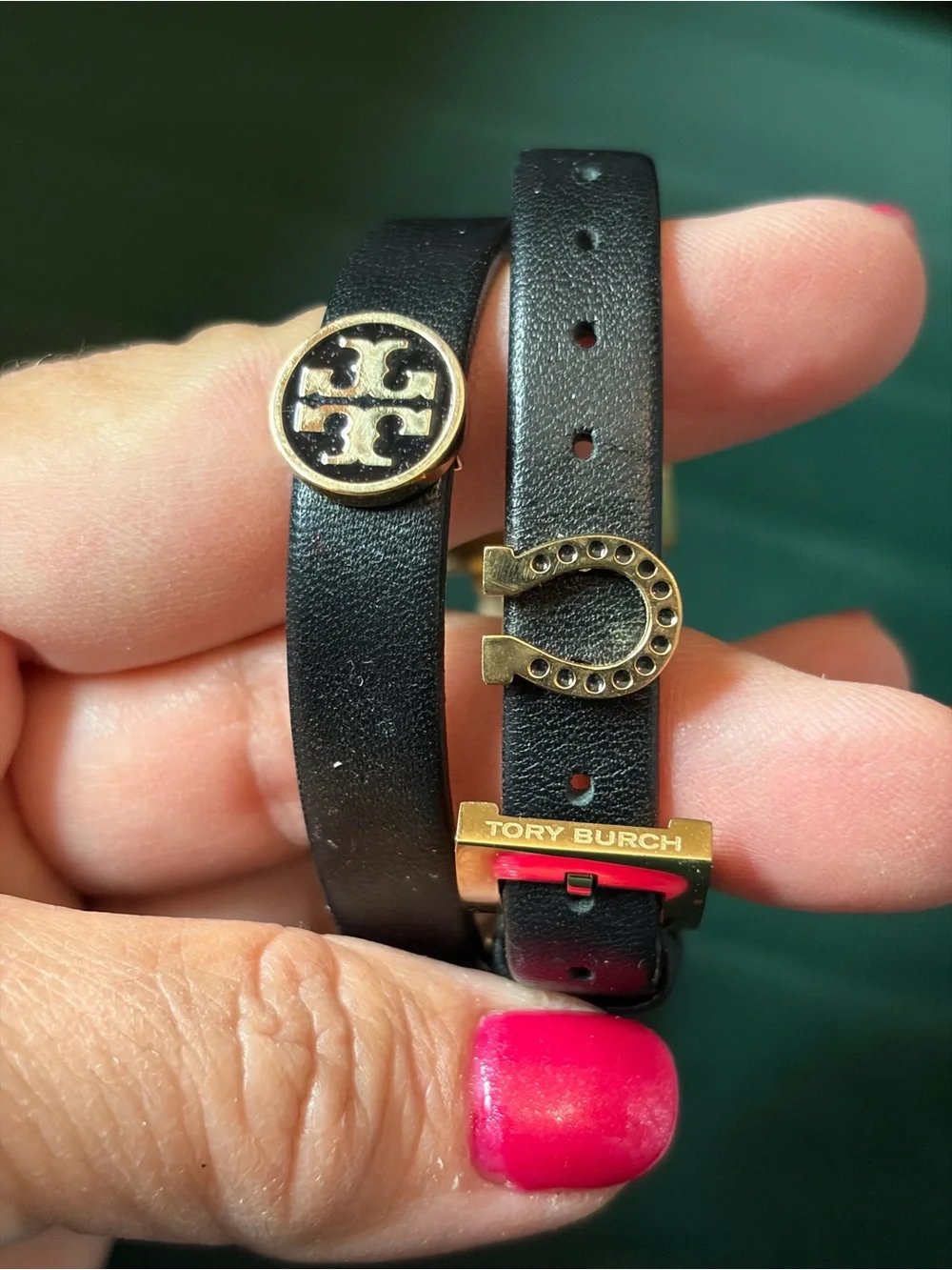 Tory Burch Saucy Double Wrap Charm Watch Gold Square Case Black Leather